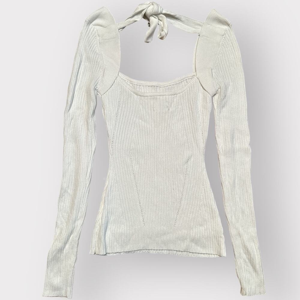 Lovers and Friends White Tie Back Fitted Long Sleeve Cotton Blend Rib Sweater S - Picture 4 of 6